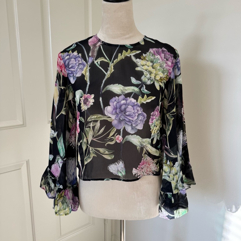 Floral sheer long sleeve blouse with bell sleeves size 2